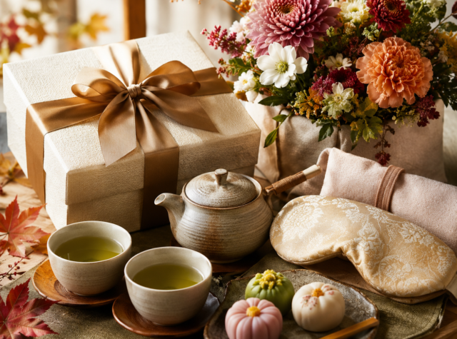 敬老の日ギフトをイメージした、プレゼント箱と花、急須、お茶、アイマスク