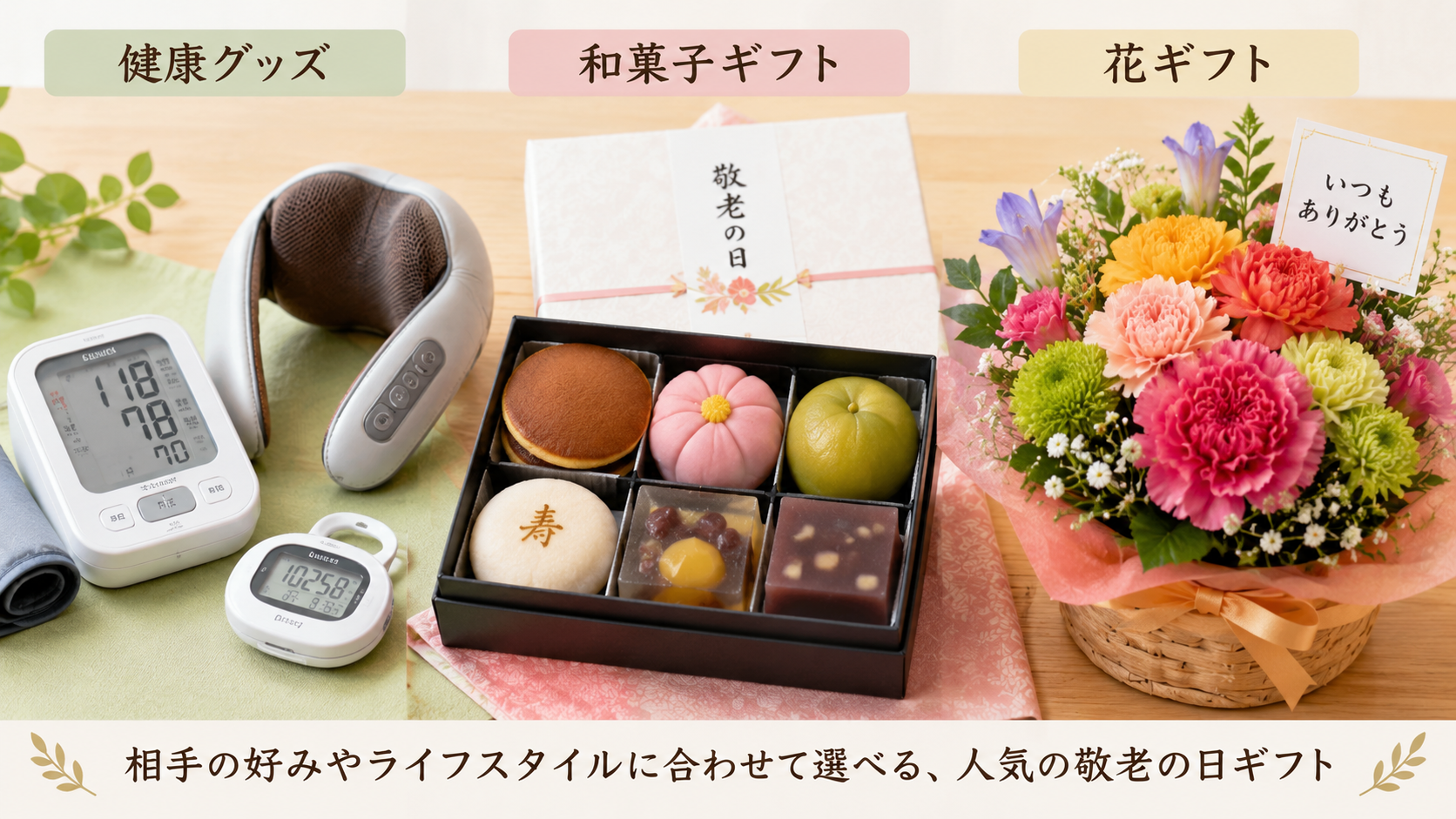 健康グッズ・和菓子・花ギフトの比較イメージ