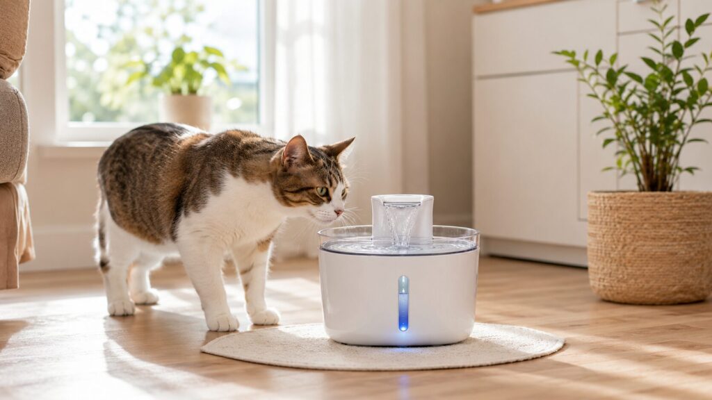 猫用自動給水器と猫のいる明るい室内