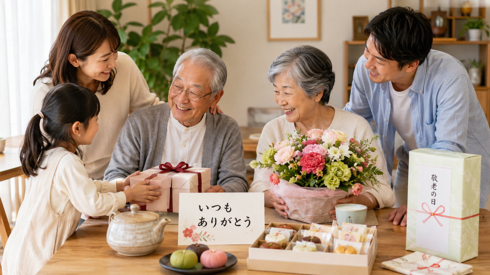 敬老の日ギフトを囲む家族の温かいイメージ