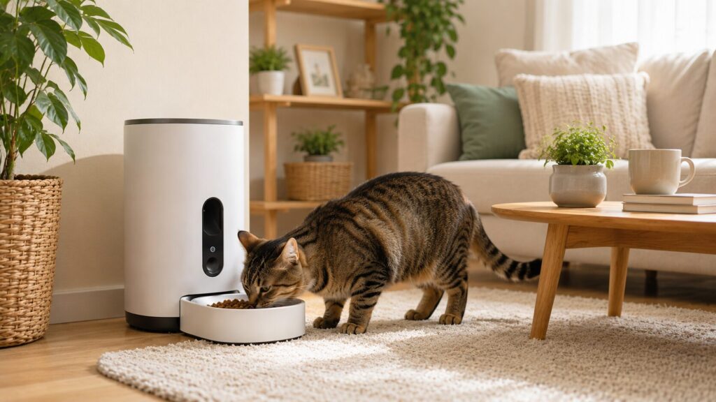 猫と自動給餌器のあるリビングの画像