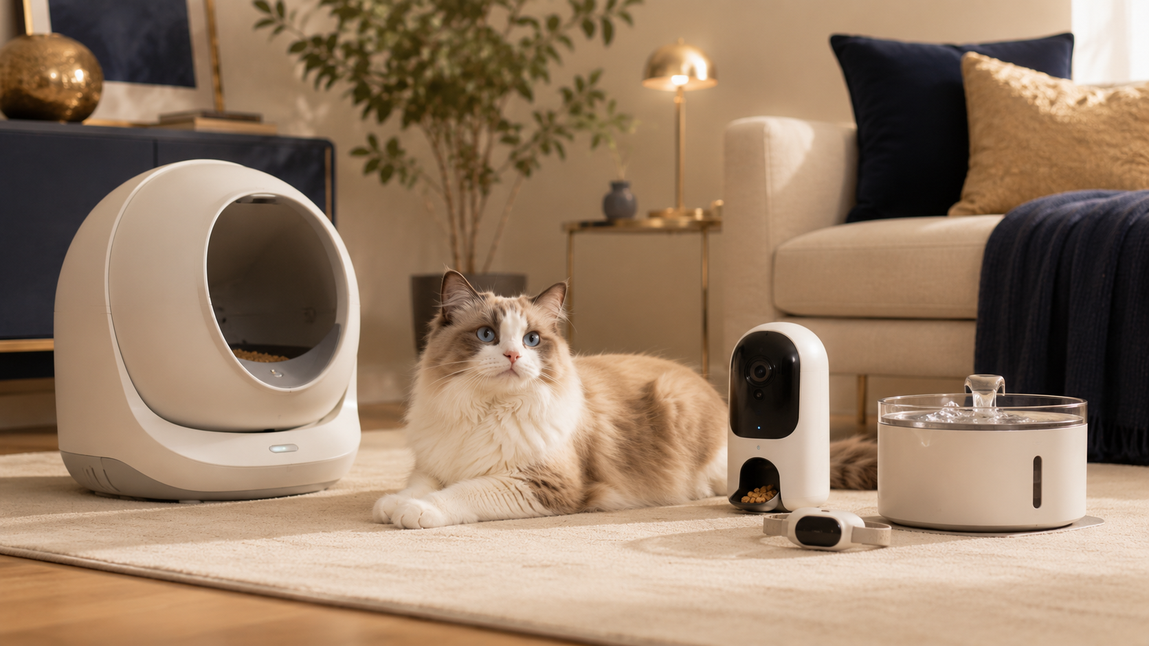 猫とペットテックグッズを並べた上質なリビング