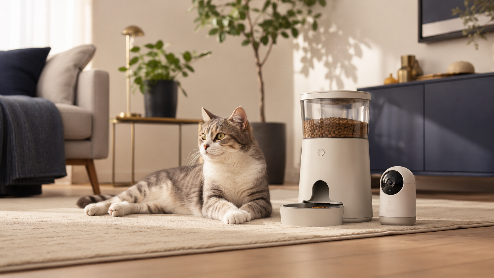猫とペットテック家電のあるモダンなリビング