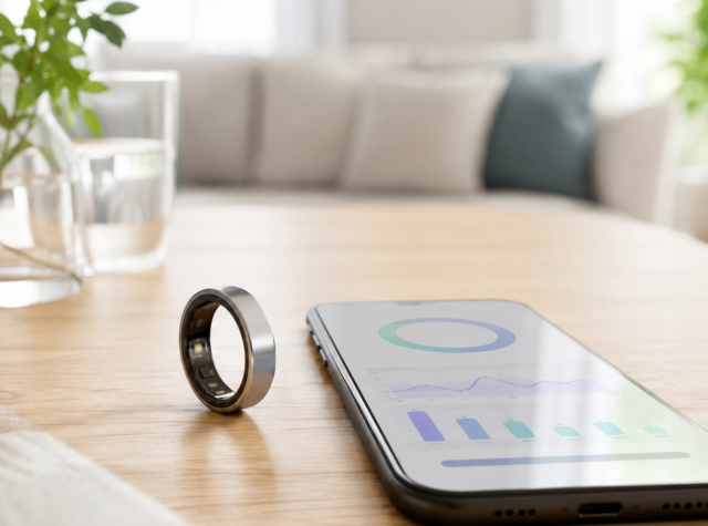 スマートリングと健康データを表示したスマートフォン