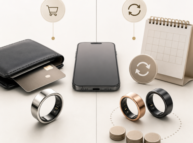スマートリングとスマートフォン・財布を並べたサブスクリプション比較イメージ