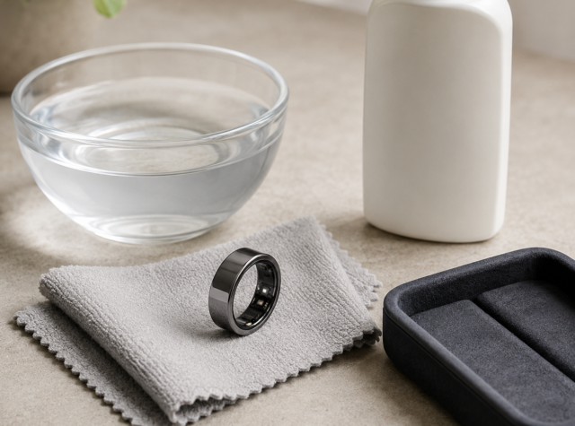 スマートリングと水・洗浄用品を並べた手入れのイメージ