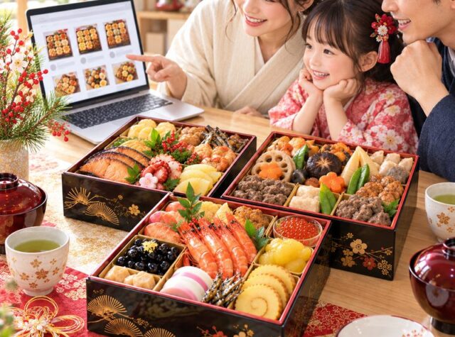 通販でおせち料理を選ぶ家族と華やかな三段重