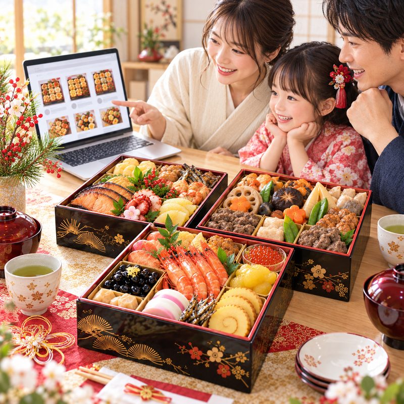 通販でおせち料理を選ぶ家族と華やかな三段重