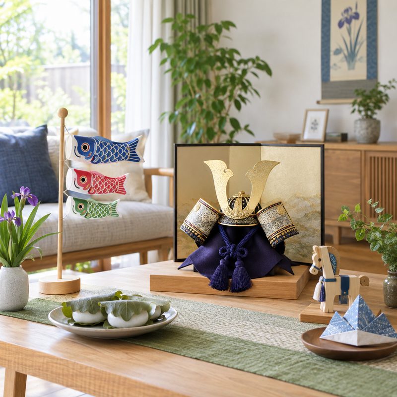 兜飾りと室内用こいのぼり、柏餅を並べたこどもの日の室内