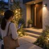 玄関のスマート屋外センサーライトをスマートフォンで確認する女性