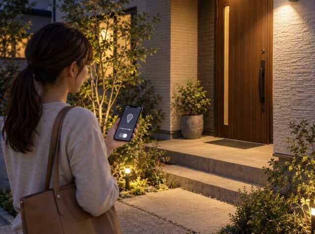 玄関のスマート屋外センサーライトをスマートフォンで確認する女性