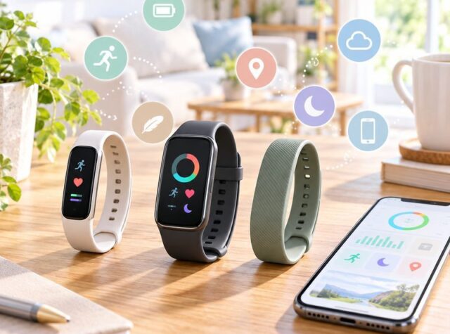 フィットネストラッカーと交換バンドを並べた装着イメージ