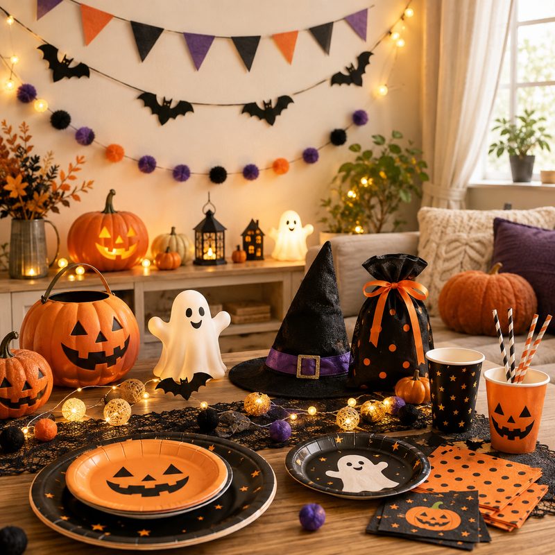 ハロウィンのお菓子とラッピング用品を並べたイメージ
