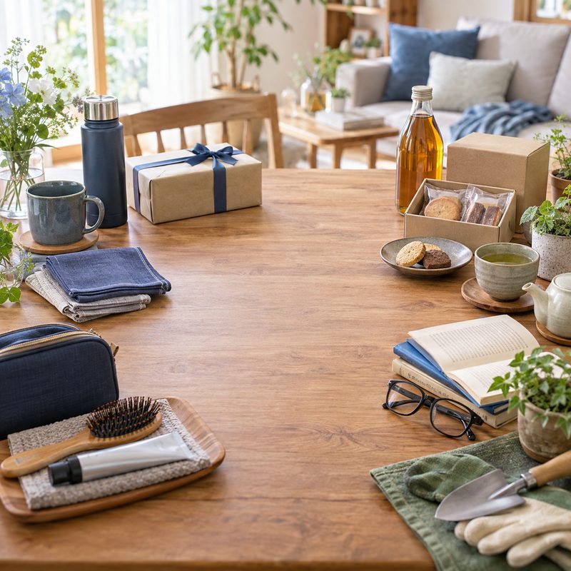 父の日ギフトの実用品や食品を並べた日本の家庭のテーブル