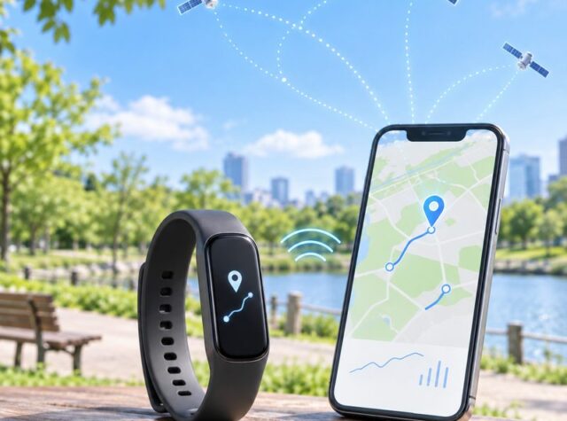 公園でフィットネストラッカーとスマートフォンのGPS連携を示すイメージ