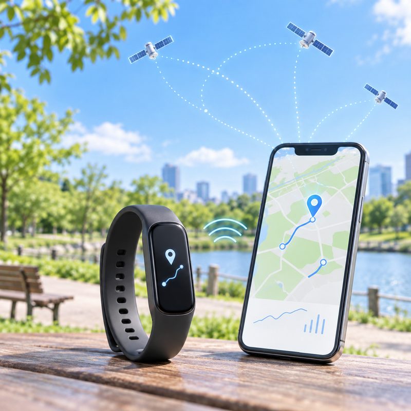 公園でフィットネストラッカーとスマートフォンのGPS連携を示すイメージ