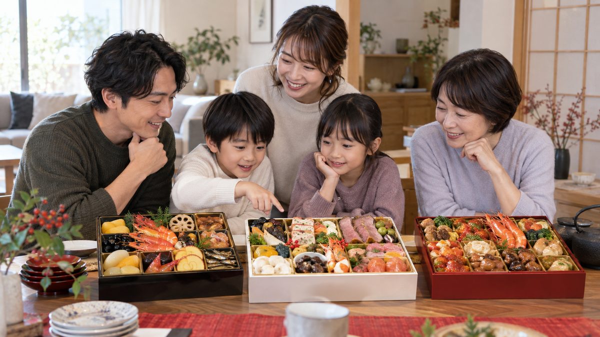 家族で和風や洋風など複数のおせち料理を比較する様子