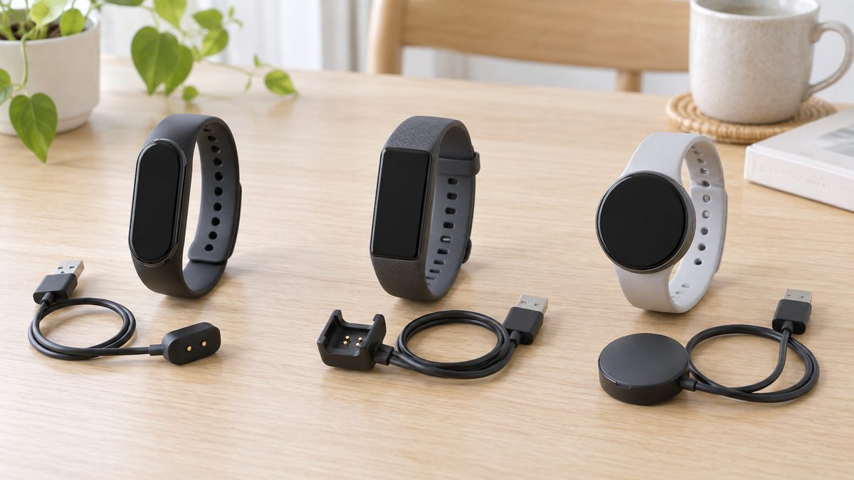複数のフィットネストラッカーと異なる充電ケーブルの比較