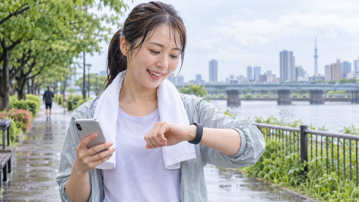 雨上がりの屋外でフィットネストラッカーを確認する様子