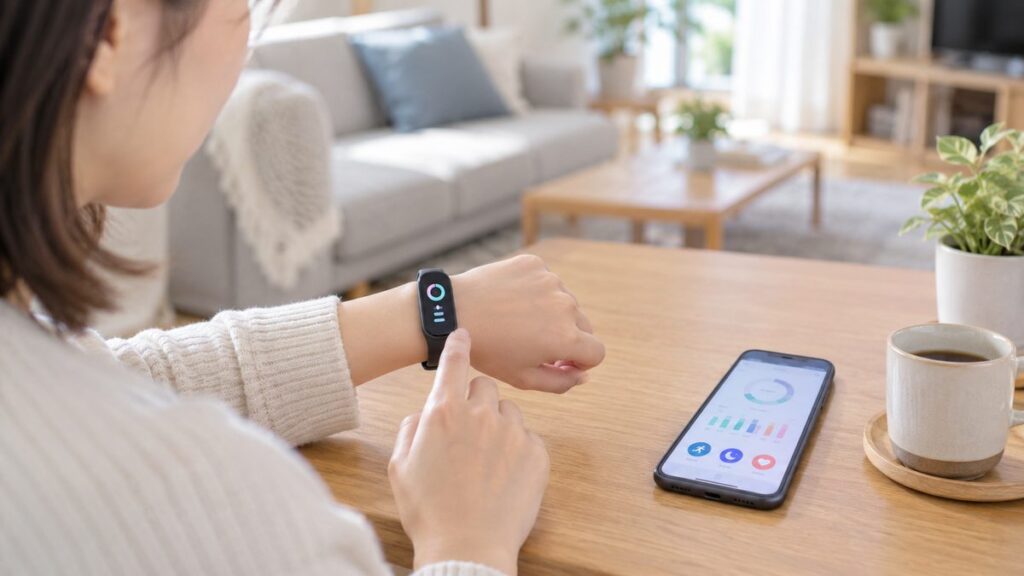 手首に装着したフィットネストラッカーとスマートフォンを操作する様子