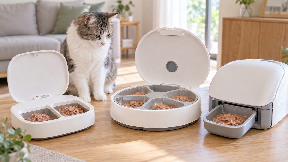 構造の異なる3種類の猫用ウェットフード自動給餌器と猫