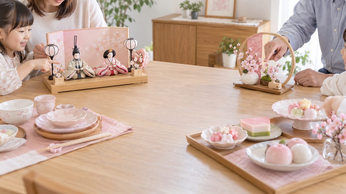 雛人形や食器・菓子などひな祭りのお祝い用品を家族で比較する様子