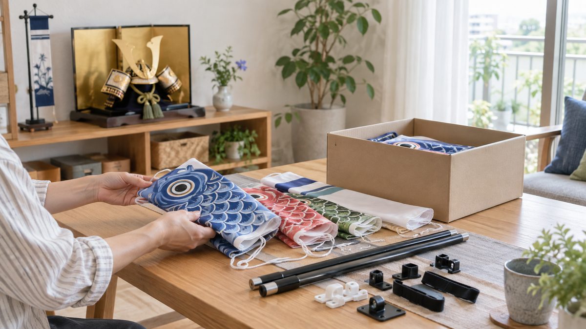 こいのぼりと固定部品、収納箱を確認するこどもの日の準備