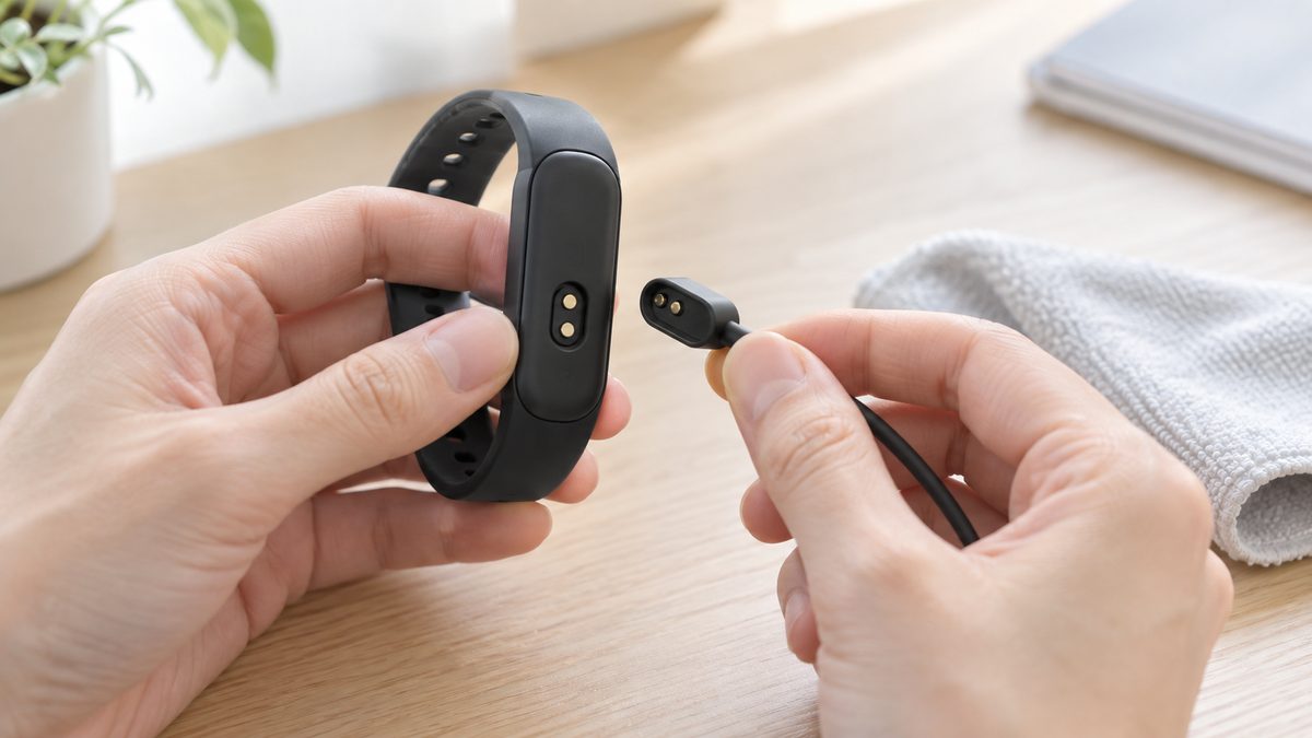 フィットネストラッカーの充電端子と磁気充電ケーブルを確認する様子