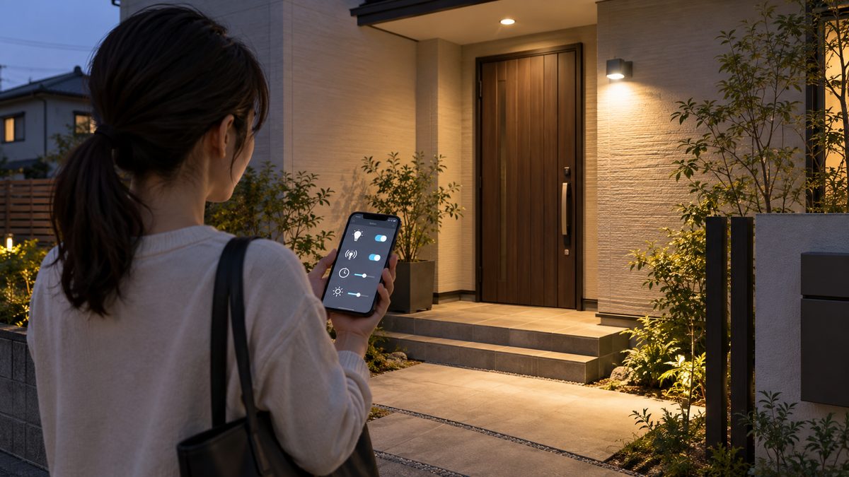 玄関の屋外センサーライトをスマートフォンで操作する女性