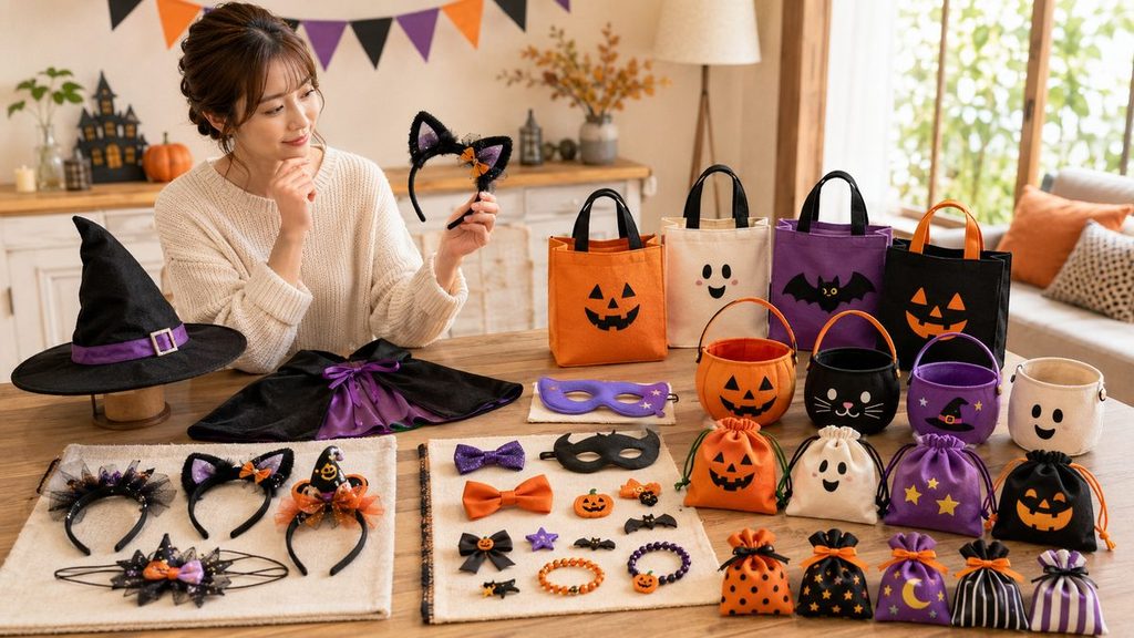 袋・シール・タイでハロウィンのお菓子を小分けする様子