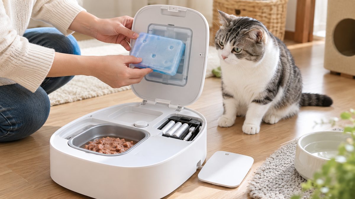 保冷剤と電池部分を確認する猫用ウェットフード自動給餌器