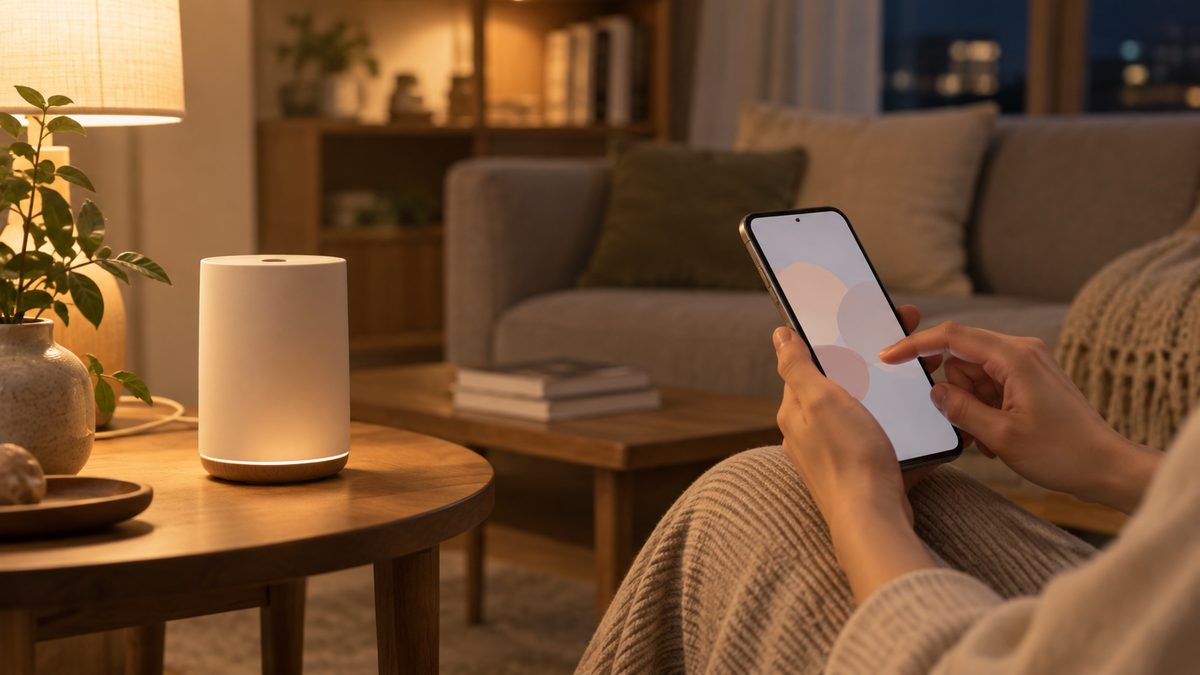 夜のリビングで水なしアロマディフューザーをスマートフォンで操作する手元