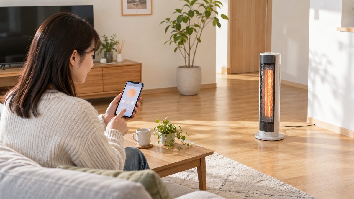 Wi-Fi対応電気ヒーターをスマートフォンで操作する女性