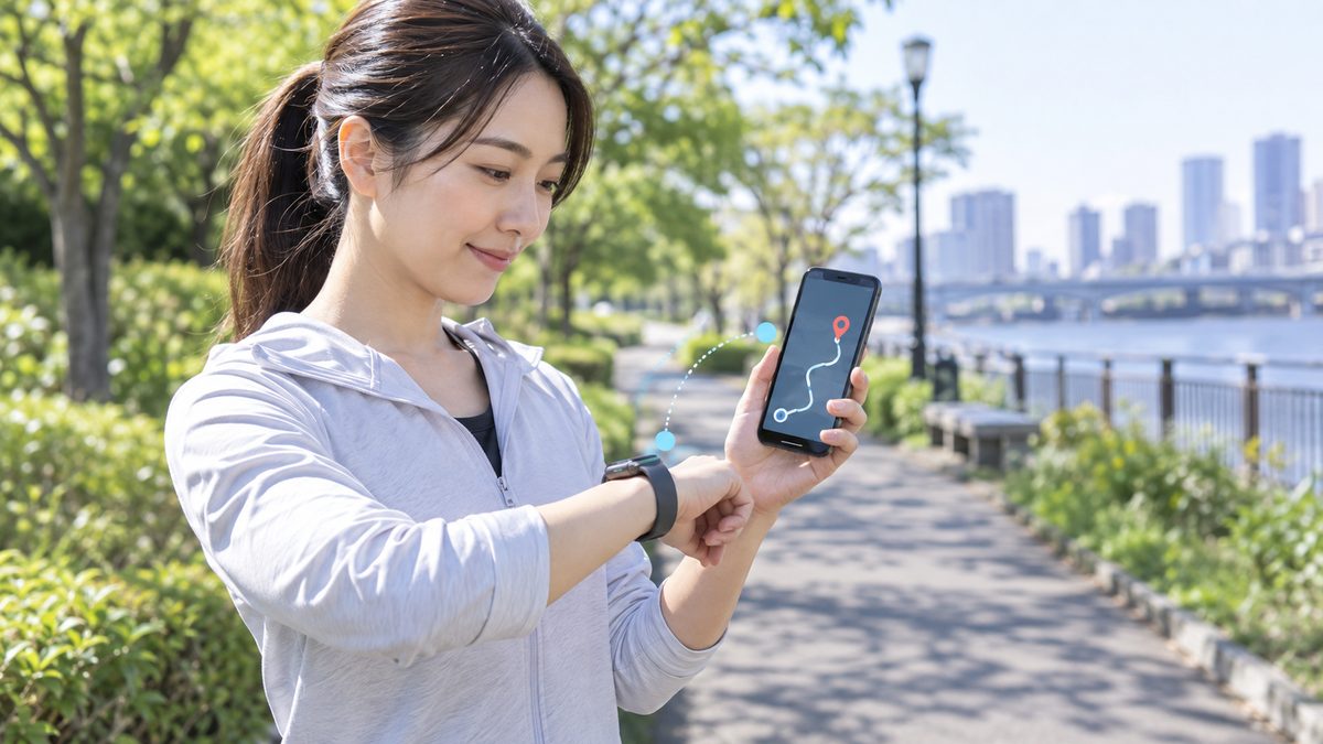 屋外でフィットネストラッカーとスマートフォンの位置情報連携を確認する様子