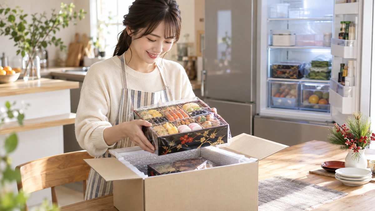 届いたおせち料理を取り出し冷蔵庫の保存場所を確認する様子