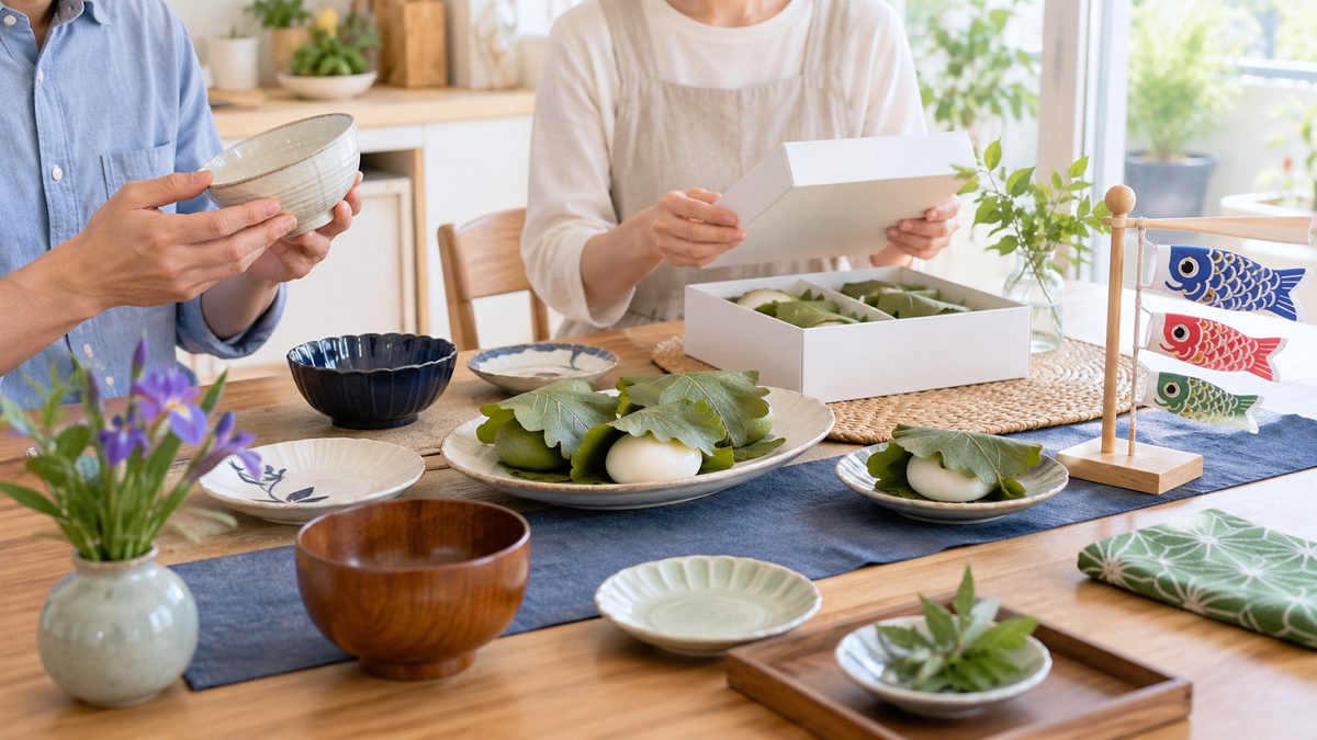 食器と柏餅を並べてこどもの日の食卓を準備する家族