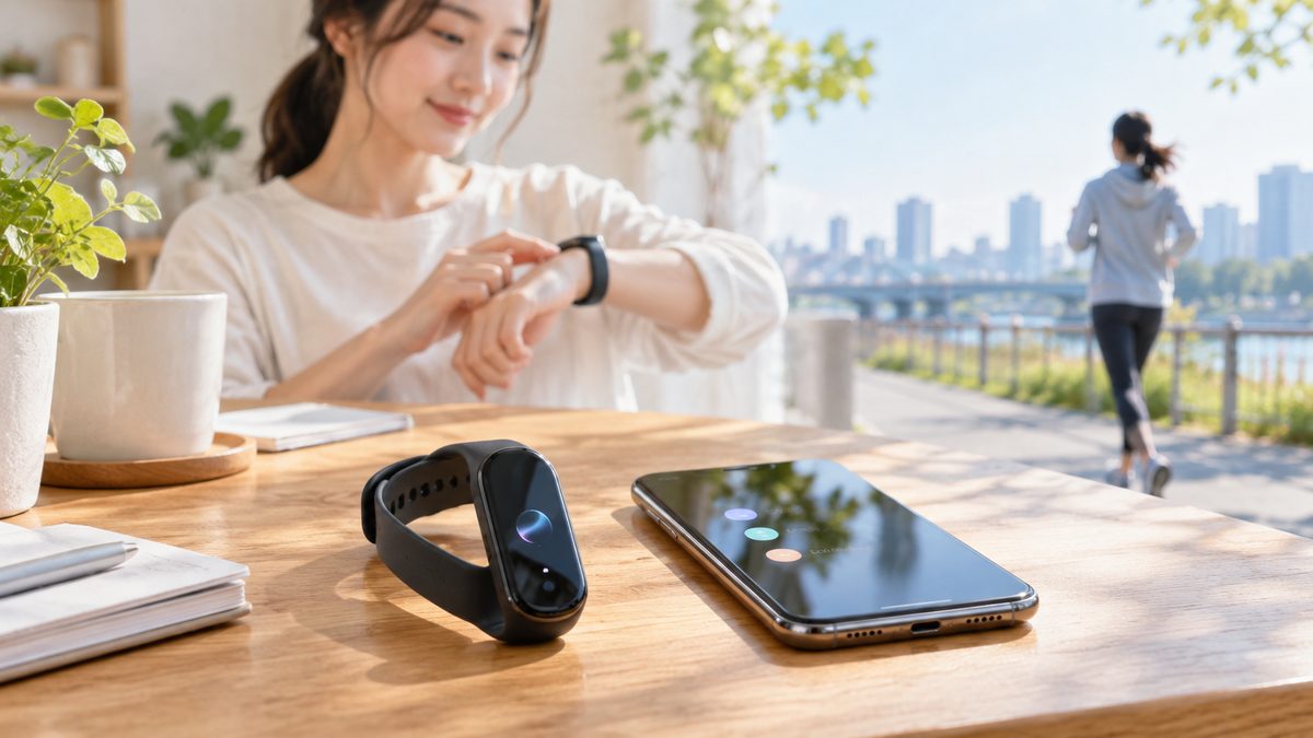 フィットネストラッカーを確認する人と屋外でランニングする人の利用シーン
