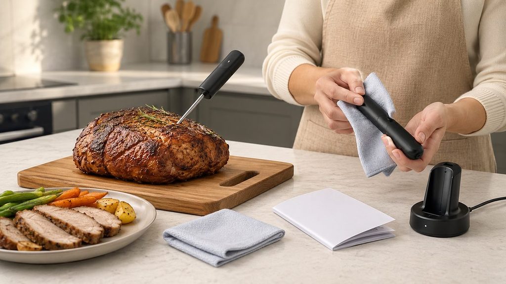 肉用温度計を布で手入れする様子