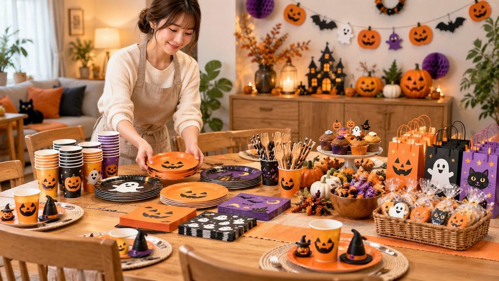 完成した配布用ハロウィン菓子セットを並べた様子