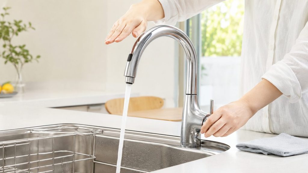 センサー式水栓を手で操作する様子