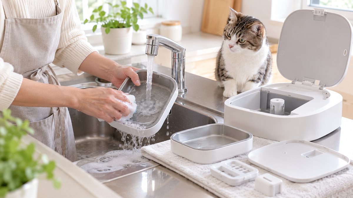 猫用ウェットフード自動給餌器のトレーを洗う様子