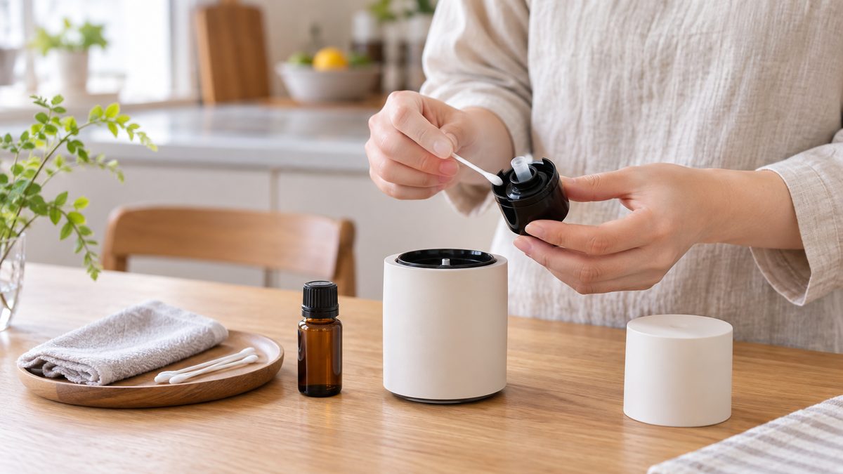 水なしアロマディフューザーのノズルを綿棒で手入れする手元