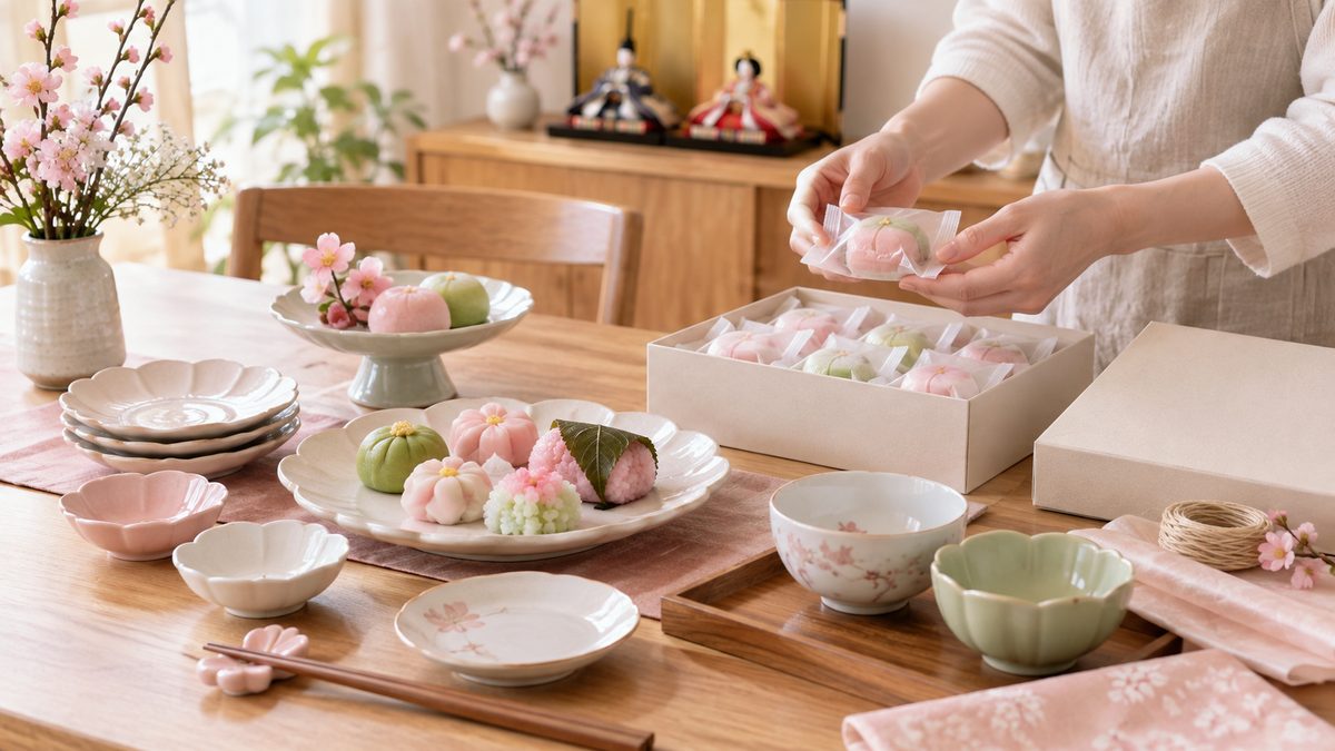 ひな祭り用の食器と季節の菓子を準備する様子