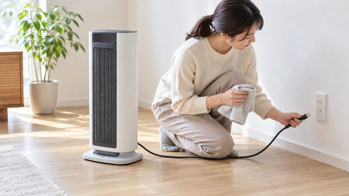電気ヒーターの電源プラグと壁コンセントを確認する女性