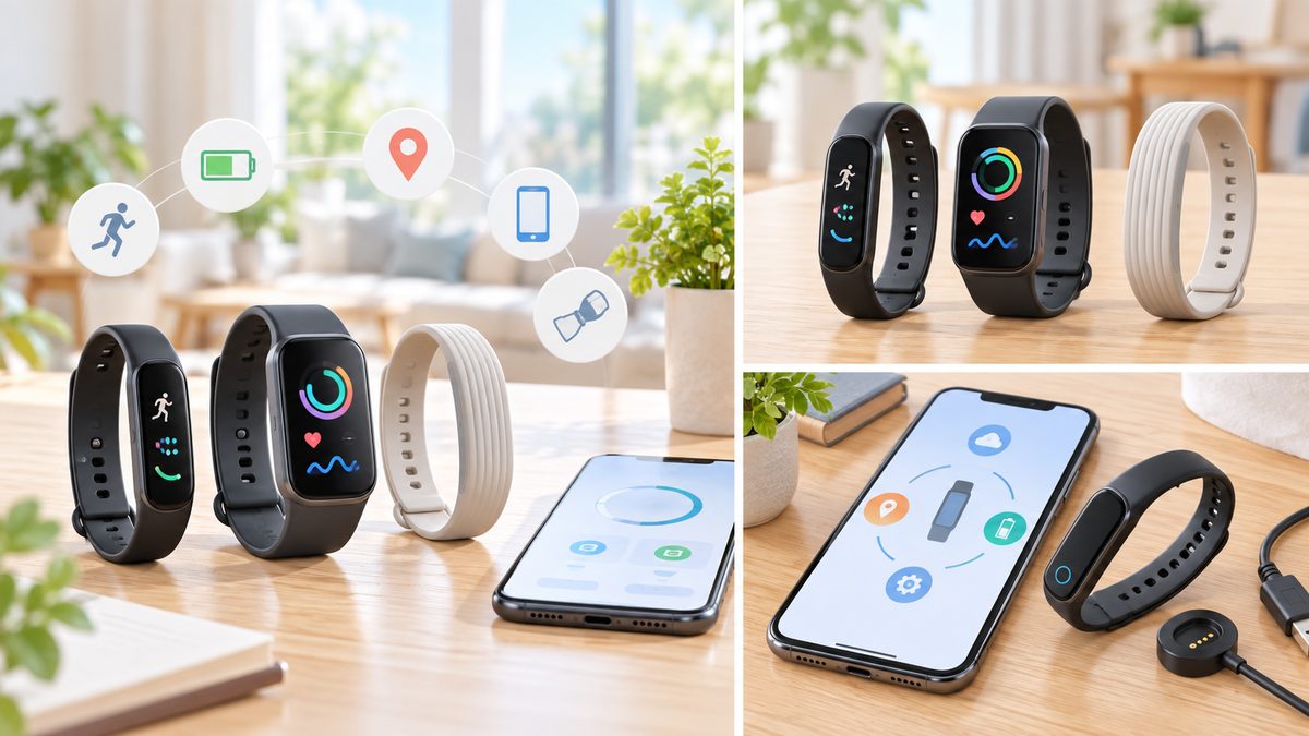 フィットネストラッカーとスマートフォン、磁気充電ケーブルで機能を確認するイメージ