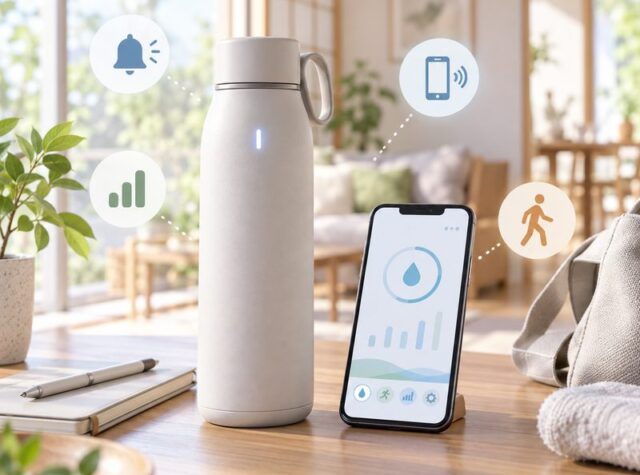 スマート水筒とスマートフォンに通知・記録・連携・持ち運びの機能を示したイメージ