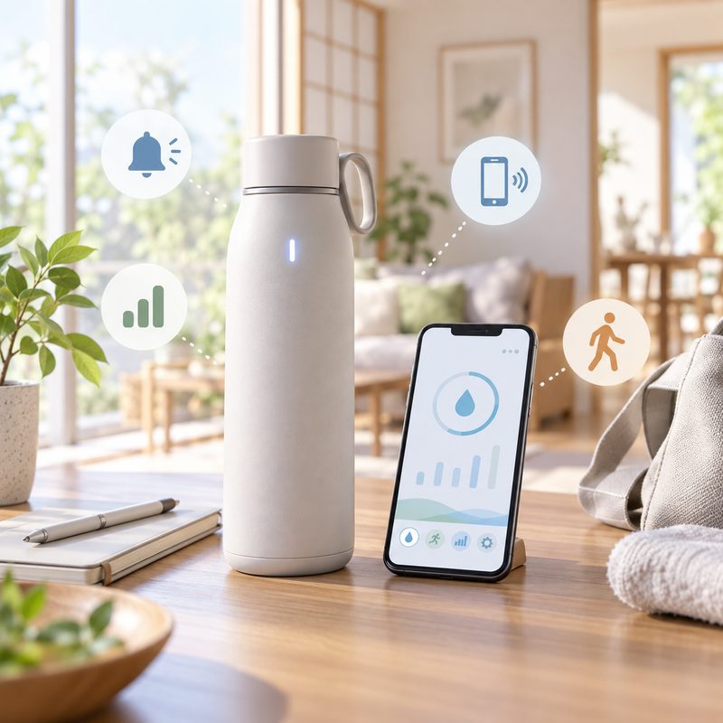 スマート水筒とスマートフォンに通知・記録・連携・持ち運びの機能を示したイメージ