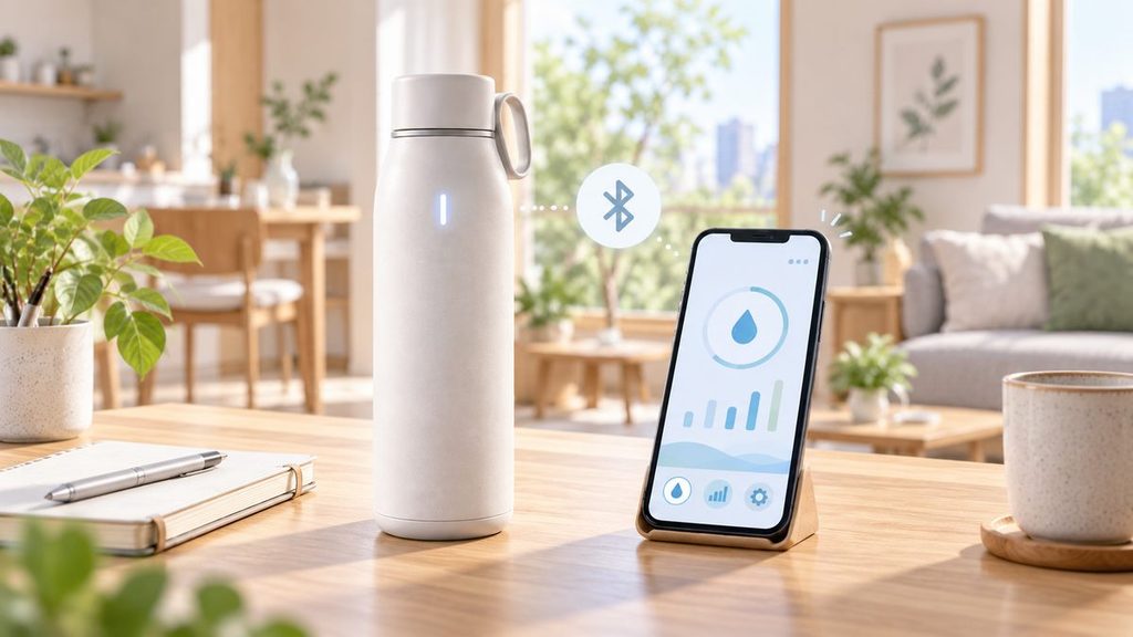 スマート水筒とスマートフォンをBluetooth接続し飲水記録アプリを確認する様子