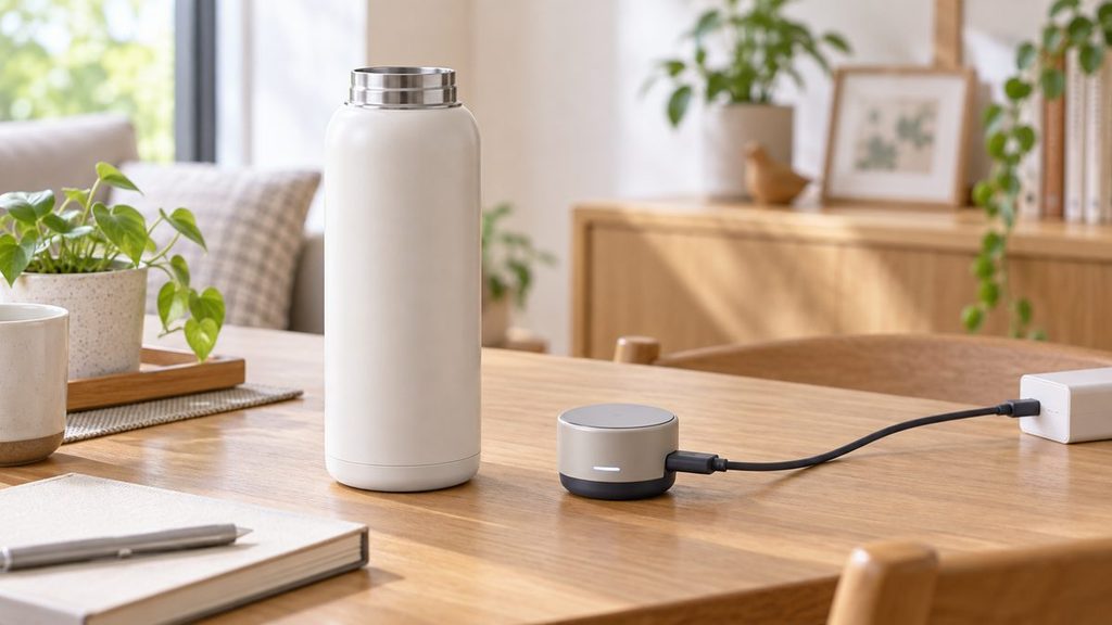 スマート水筒とスマートフォンをBluetooth接続し飲水記録アプリを確認する様子