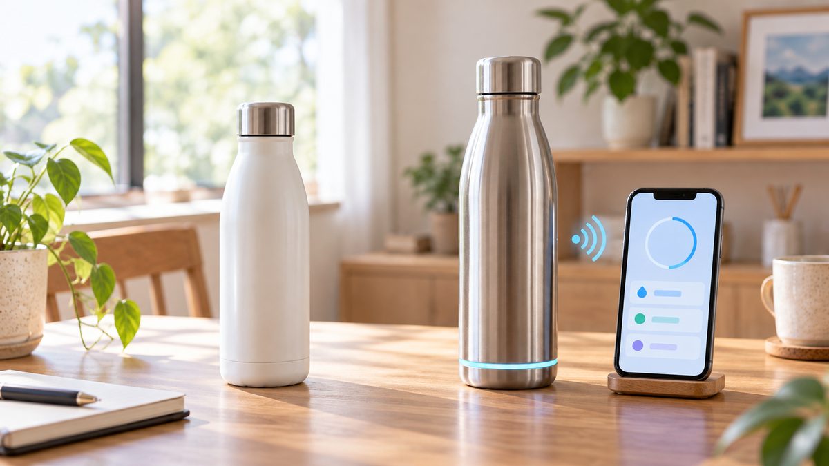 普通の水筒とスマート水筒を並べてスマートフォン連携の違いを示したイメージ